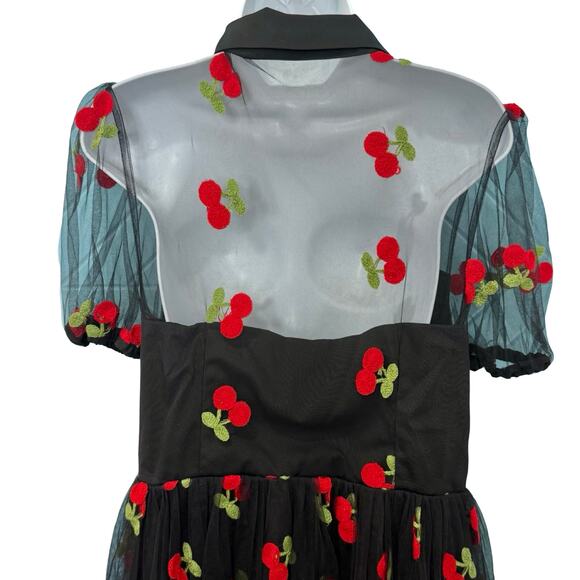 Unique Vintage Collared Sheer Embroidered Black Red Cherry Dress size L 10 12 - Picture 12 of 15